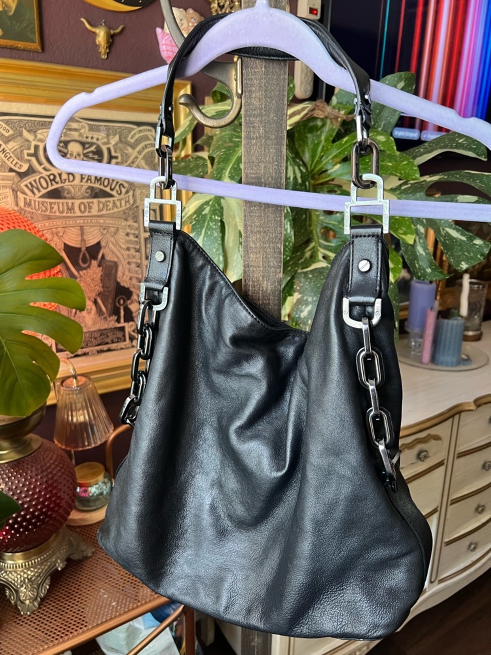 Tory Burch Black Leather Chain Hobo Bag